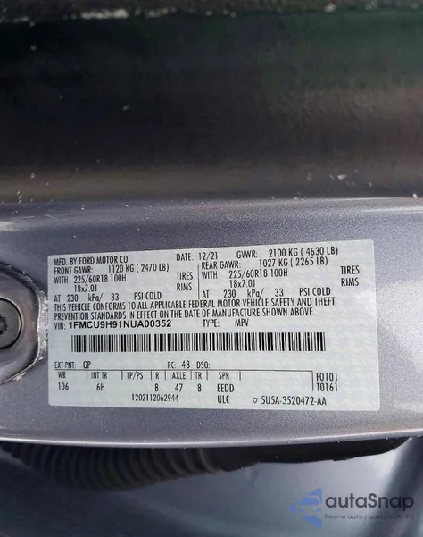 2022 Ford Escape Sel z USA, uszkodzony, nr VIN 1FMCU9H91NUA00352